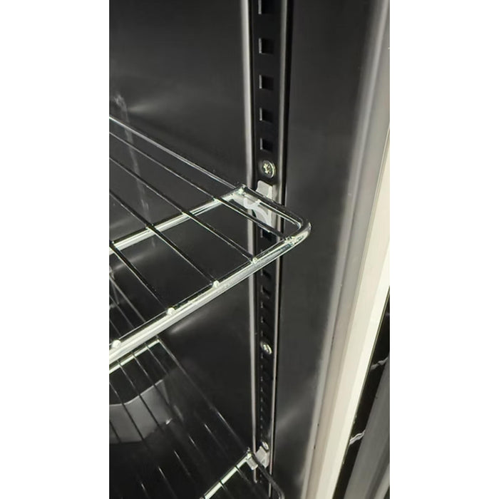 Close-up of adjustable wire shelf and shelf supports inside Kokomo Grills outdoor kegerator