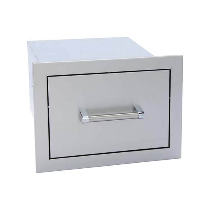 Kokomo Grills 16-inch stainless steel single outdoor kitchen storage drawer with polished bar handle, shown closed.