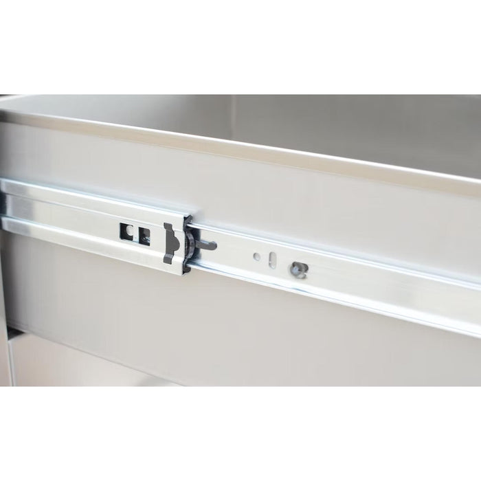 Close-up of the stainless steel ball-bearing drawer glide on the Kokomo Grills single outdoor kitchen storage drawer.