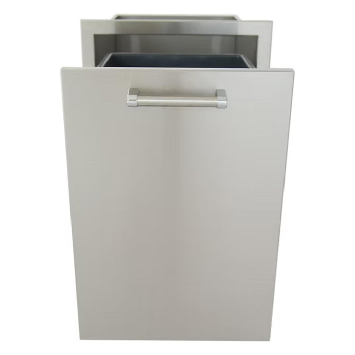 Kokomo Grills outdoor kitchen pull-out trash bin drawer partially open with stainless steel built-in enclosure