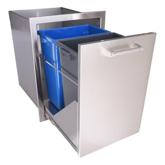 Kokomo Grills dual pull-out trash and recycling bin with blue and gray bins for outdoor kitchen storage