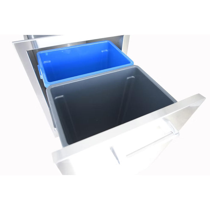 Kokomo Grills outdoor kitchen pull-out trash and recycling drawer shown open with two included waste bins