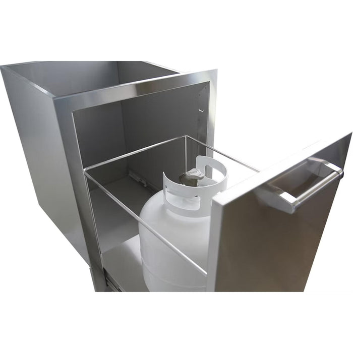 Kokomo Grills propane tank pull-out drawer with LP tank secured inside stainless steel outdoor kitchen storage