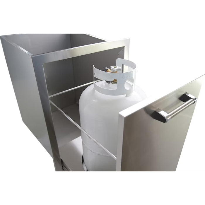 Kokomo Grills outdoor kitchen propane tank pull-out with LP cylinder and stainless steel drawer enclosure