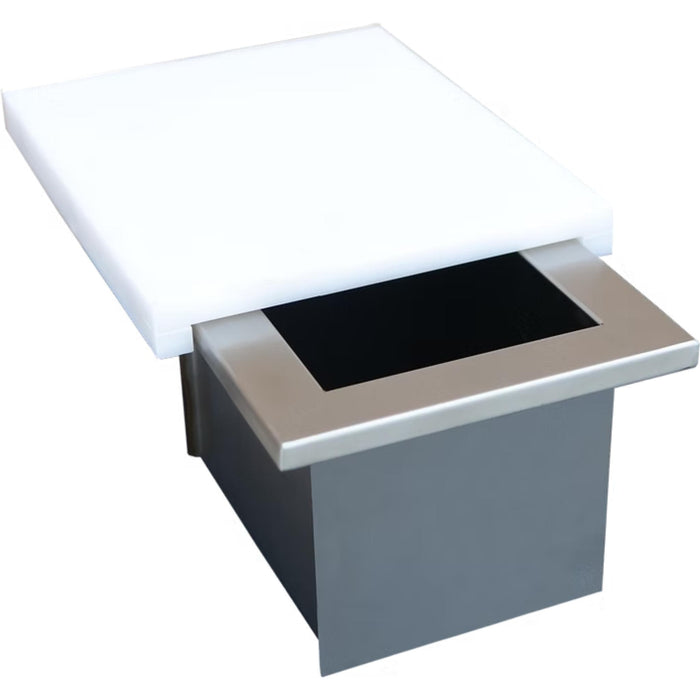 Kokomo Grills Built-In Trash Chute with Cutting Board showing removable cutting board and trash chute opening