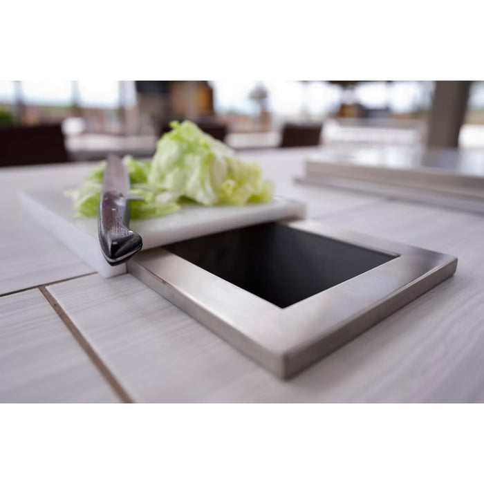Kokomo Grills BBQ island trash chute with cutting board and food prep area in an outdoor kitchen