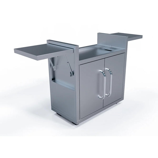 Le Griddle 75 Series stainless steel portable griddle cart GFCART75 with extended folding side shelves and double cabinet doors, angled view.