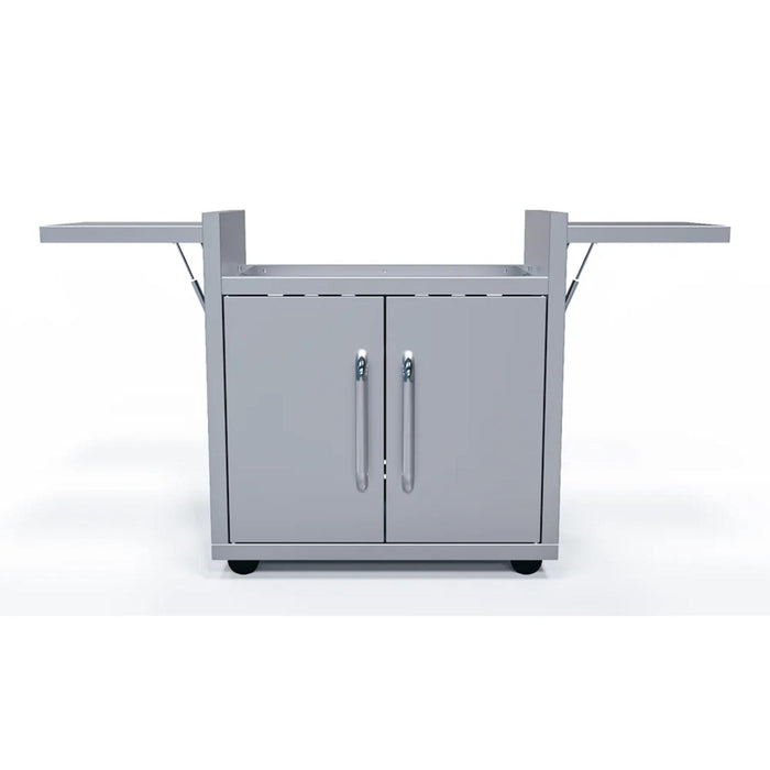 Front view of Le Griddle 75 Series stainless steel griddle cart with two extended folding side shelves and double cabinet doors.