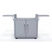 Front view of Le Griddle 75 Series stainless steel griddle cart with two extended folding side shelves and double cabinet doors.