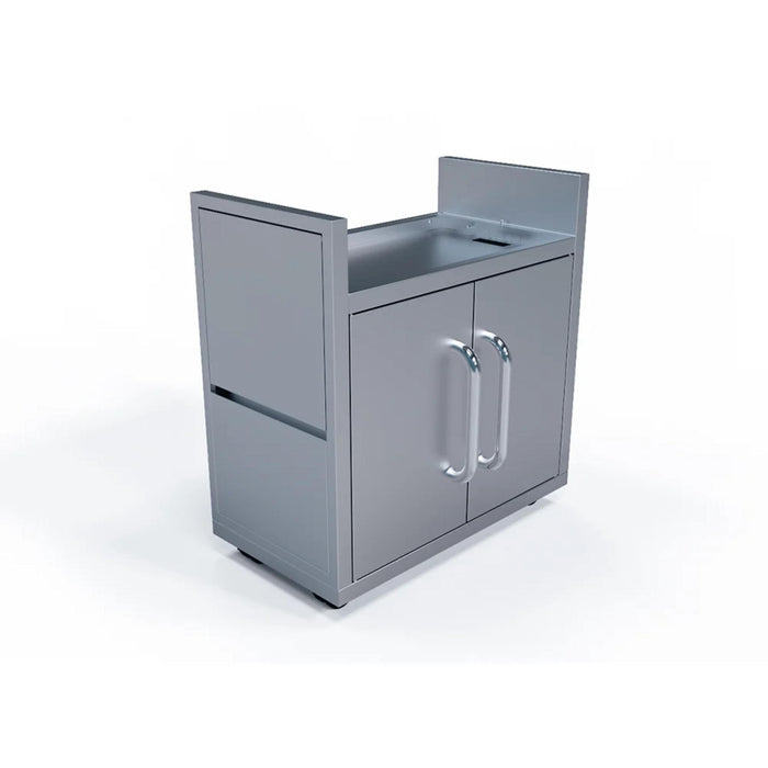 Le Griddle GFCART75 portable outdoor griddle cart with folding side shelves closed, showing compact stainless steel cabinet design.