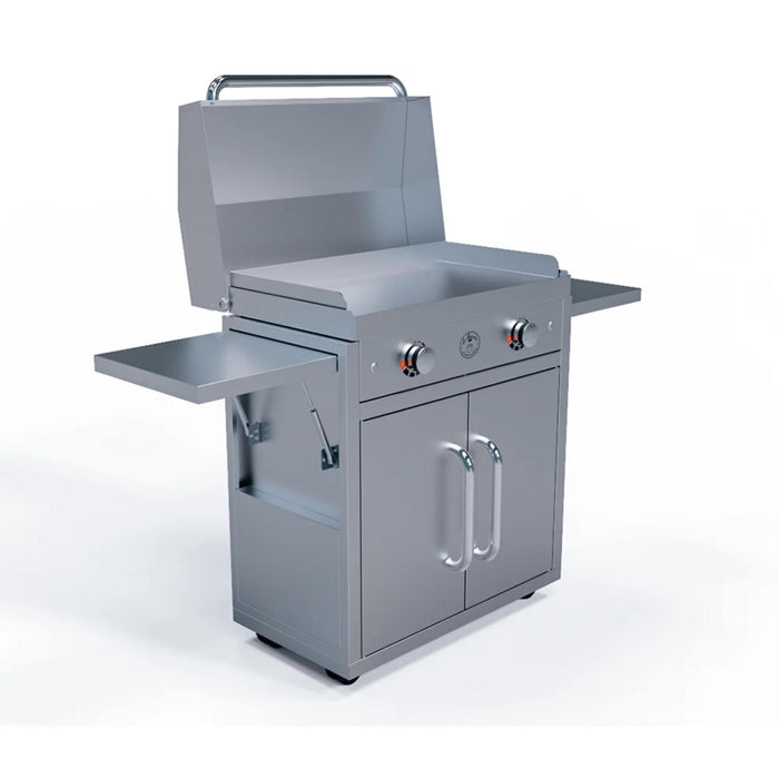 Le Griddle GFCART75 stainless steel portable cart with compatible two-burner gas griddle, open lid, and extended folding side shelves.