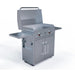 Le Griddle GFCART75 stainless steel portable cart with compatible two-burner gas griddle, open lid, and extended folding side shelves.