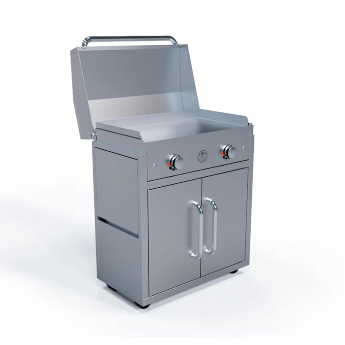 Angled view of Le Griddle 75 Series outdoor griddle cart with gas griddle installed, lid open, and side shelves folded down.