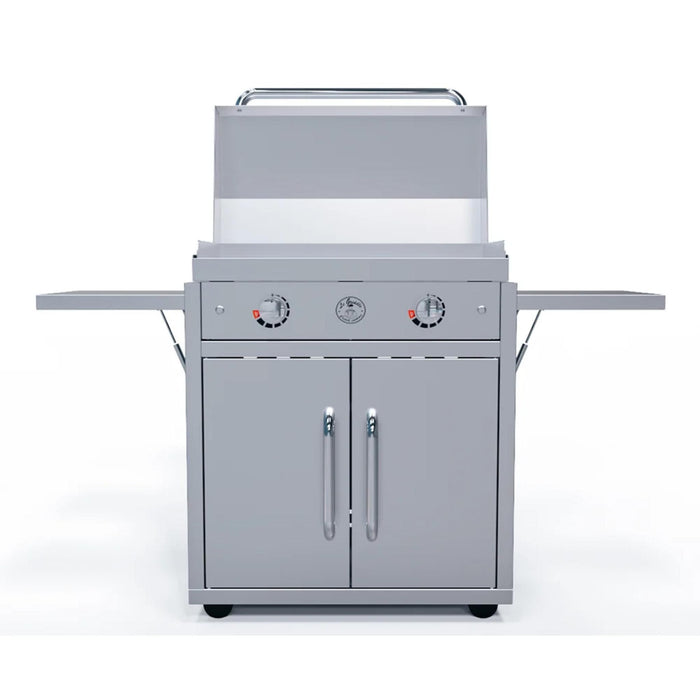 Front view of Le Griddle GFCART75 portable griddle cart with two-burner gas griddle, open lid, and extended stainless steel side shelves.