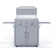 Front view of Le Griddle GFCART75 portable griddle cart with two-burner gas griddle, open lid, and extended stainless steel side shelves.