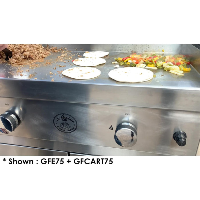 Close-up of Le Griddle GFE75 gas griddle cooking tortillas, meat, and vegetables, shown installed on the GFCART75 portable cart.