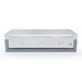 Front view of Le Griddle 105 Series built-in gas griddle with closed stainless steel lid and three control knobs fitted into an insulating liner.