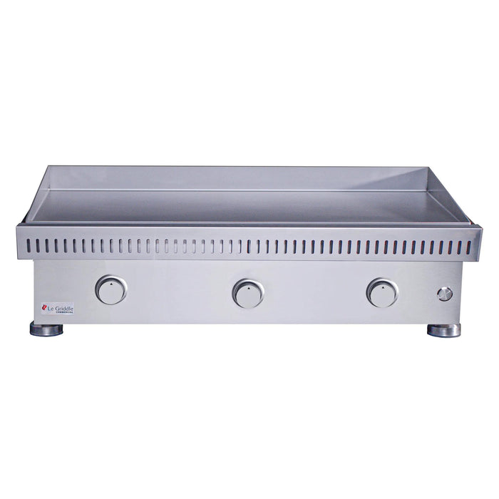 Le Griddle Commercial Series 105 41-inch 27,000 BTU gas griddle with 3mm flat-top cooking plate, stainless steel construction, three burner control knobs, and push-button ignition
