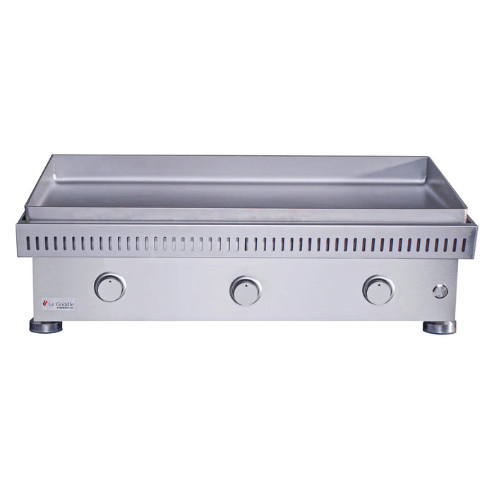 Le Griddle Commercial Series 105 41-inch stainless steel gas griddle with 6mm cooking plate, three burner control knobs, and push-button ignition, front view on white background.