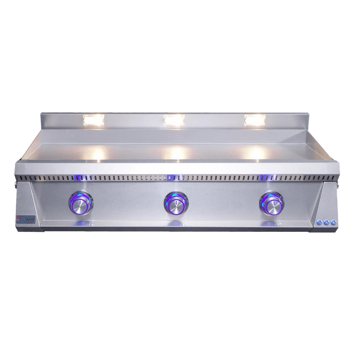 Le Griddle Pro Series 105 41-inch stainless steel gas griddle front view with blue LED control knobs and illuminated halogen cooking lights