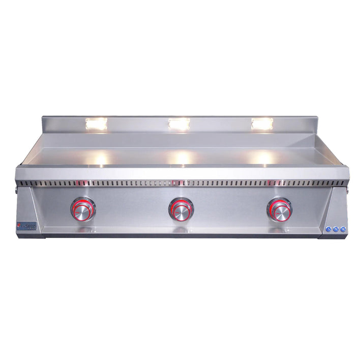 Le Griddle Pro Series 105 27,000 BTU gas griddle front view with three red LED-backlit burner knobs and built-in cooking lights