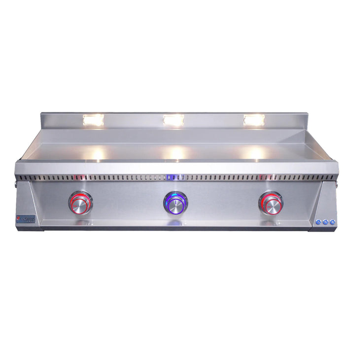 Le Griddle Pro Series 105 41-inch gas griddle showing red and blue LED control knobs, stainless steel cooking surface, and halogen lights