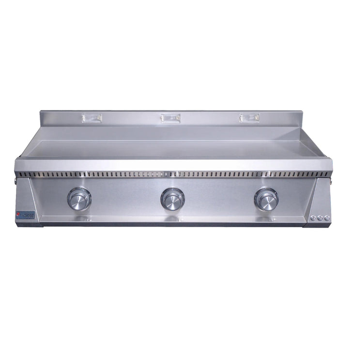 Le Griddle Pro Series 105 stainless steel outdoor gas griddle front view with three unlit burner control knobs and cooking lights turned off