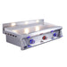 Angled view of Le Griddle Pro Series 105 41-inch built-in gas griddle featuring a stainless steel flat-top cooking surface and illuminated controls