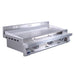 Le Griddle Pro Series 105 stainless steel gas griddle angled view showing open front grease tray access panel and unlit control knobs