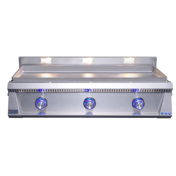 Le Griddle Pro Series 105 41-inch gas griddle with 6mm cooking plate, blue LED control knobs, and illuminated halogen cooking lights