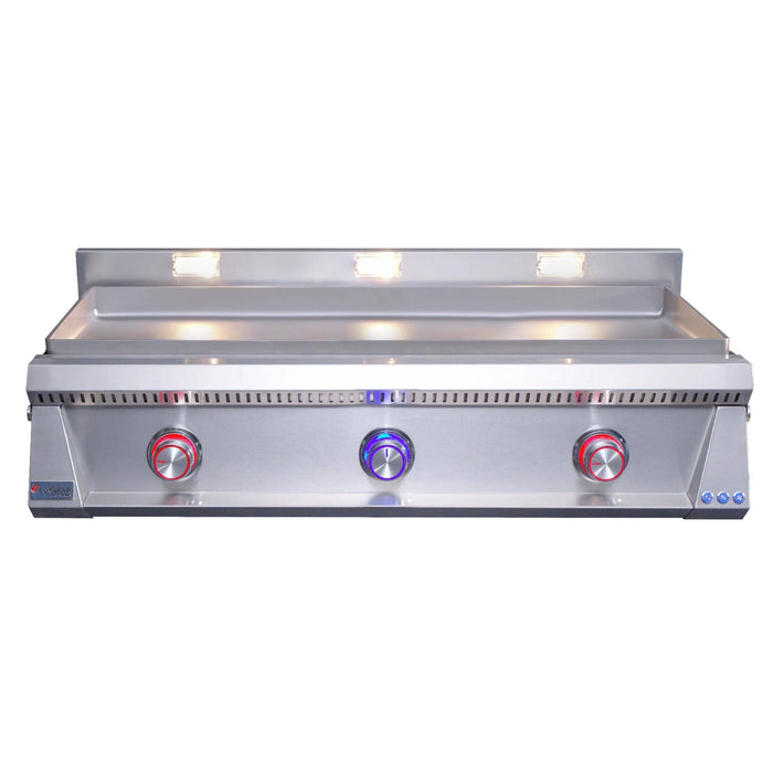 Le Griddle Pro Series 105 41-inch stainless steel gas griddle with red and blue illuminated control knobs and built-in halogen lights