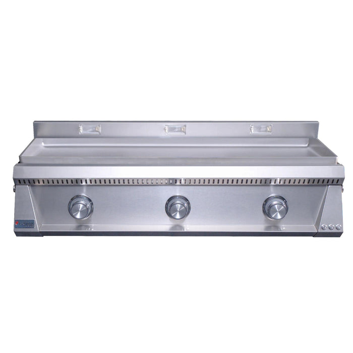 Le Griddle Pro Series 105 built-in gas griddle with 6mm cooking plate, three stainless steel control knobs, and halogen lights turned off