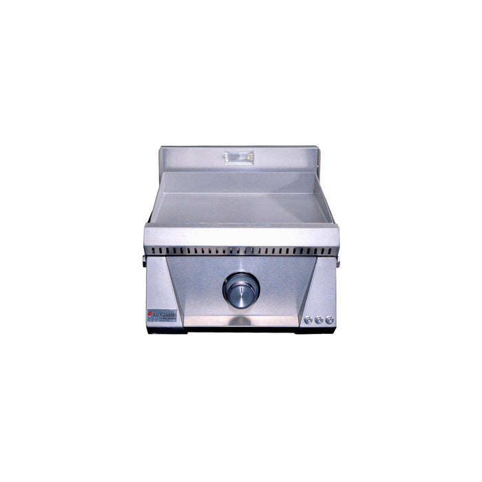 Le Griddle Pro Series 40 stainless steel gas griddle featuring a red illuminated control knob and built-in halogen cooking light.