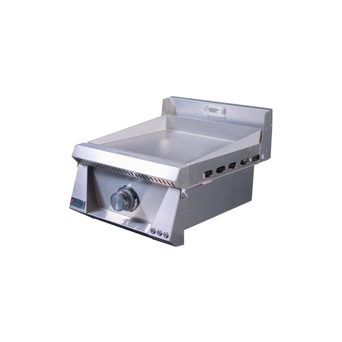 Le Griddle Pro Series 40 16-inch outdoor gas griddle shown at an angle with red illuminated control knob and stainless steel cooking surface.