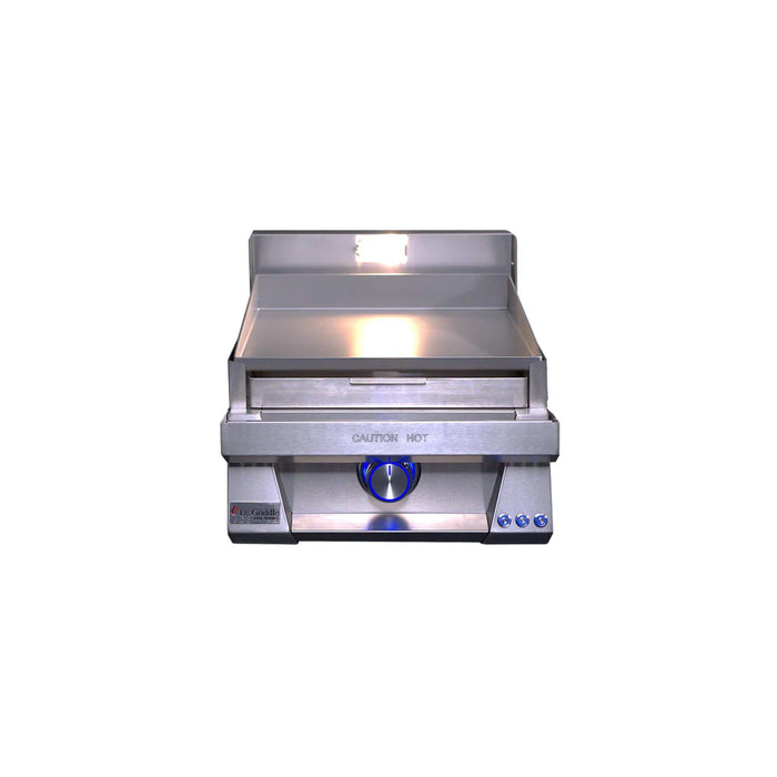 Three-quarter view of Le Griddle Pro Series 40 stainless steel built-in griddle featuring its flat cooking plate, side ventilation openings, and control panel.
