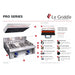 Close-up of Le Griddle Pro Series stainless steel front panel showing the manufacturer logo badge and blue LED-illuminated control knob.