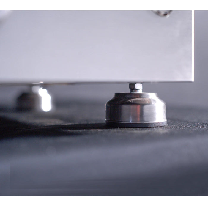Close-up of adjustable stainless steel support foot on Le Griddle Commercial Series 75 gas griddle OML75C3