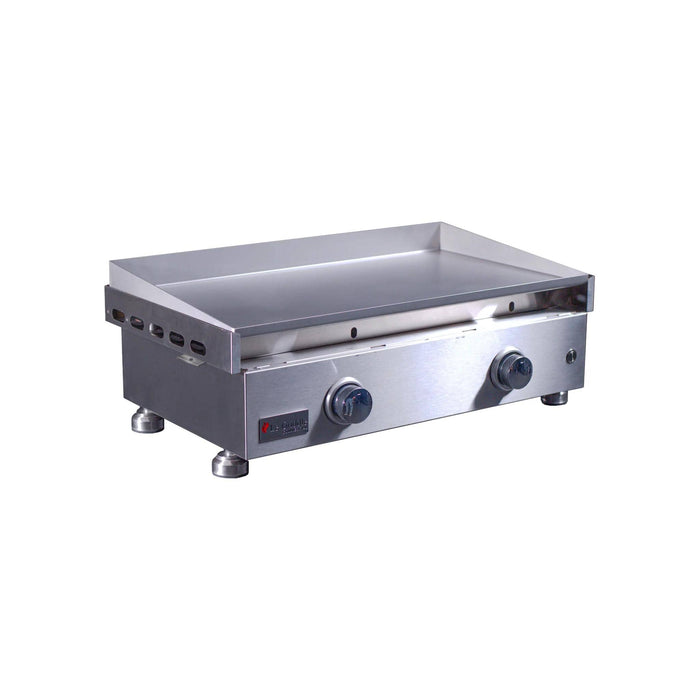 Le Griddle Commercial Series 75 stainless steel gas griddle OML75C3 with flat cooking surface and dual burner controls, angled view