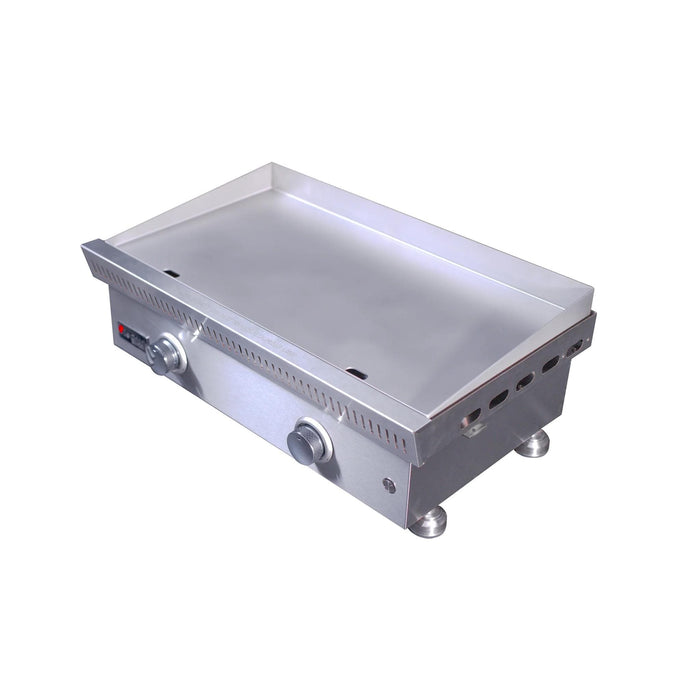 Elevated angled view of Le Griddle Commercial Series 75 30-inch gas griddle showing flat stainless steel cooking surface
