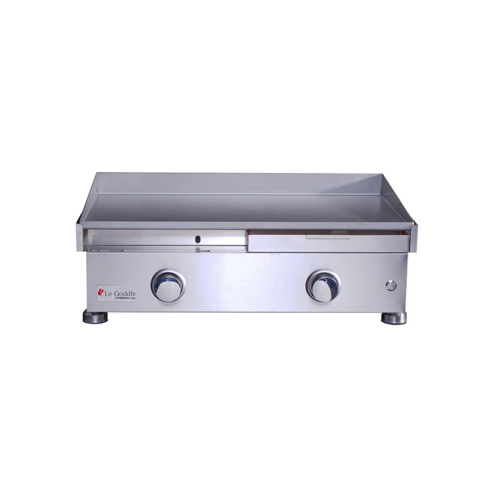 	Front view of Le Griddle Commercial Series 75 30-inch gas griddle with one grease collection tray partially extended