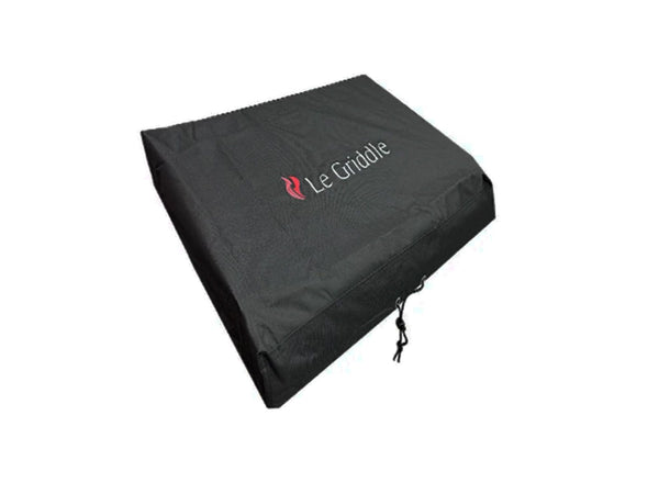Black outdoor griddle cover with drawstring closure, durable weather-resistant fabric for protecting cooking equipment outdoors.