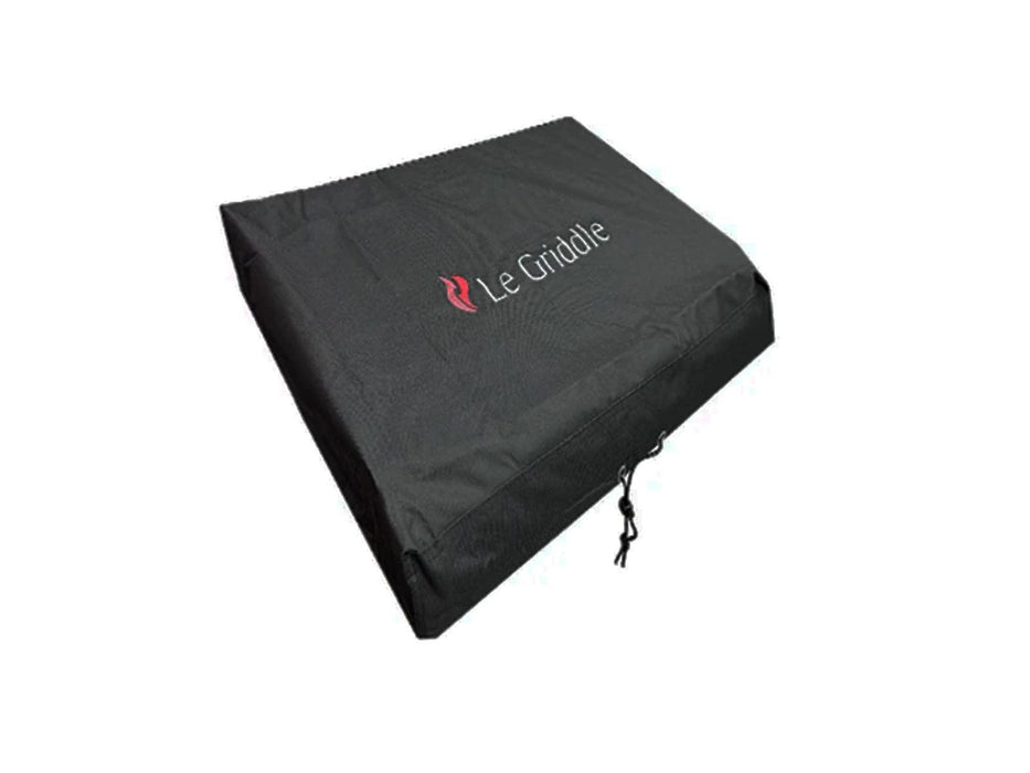Black outdoor griddle cover with drawstring closure, durable weather-resistant fabric for protecting cooking equipment outdoors.