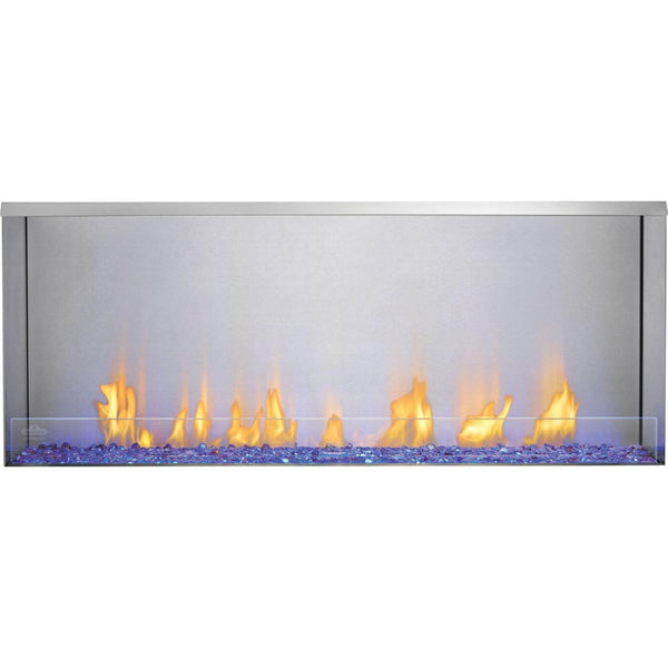 Napoleon Galaxy 50-Inch outdoor gas fireplace with stainless steel firebox, linear flames, glass wind guard, and blue illuminated glass embers