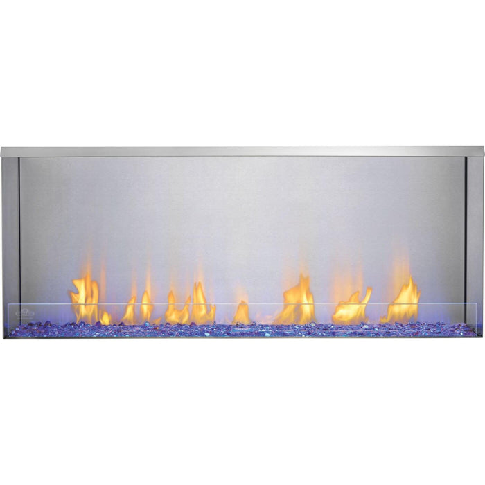 Napoleon Galaxy 50-Inch outdoor gas fireplace with stainless steel firebox, linear flames, glass wind guard, and blue illuminated glass embers