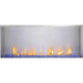 Napoleon Galaxy 50-Inch outdoor gas fireplace with stainless steel firebox, linear flames, glass wind guard, and blue illuminated glass embers