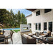 Napoleon Galaxy 50 linear outdoor gas fireplace installed in a modern patio lounge beside a swimming pool and outdoor dining area