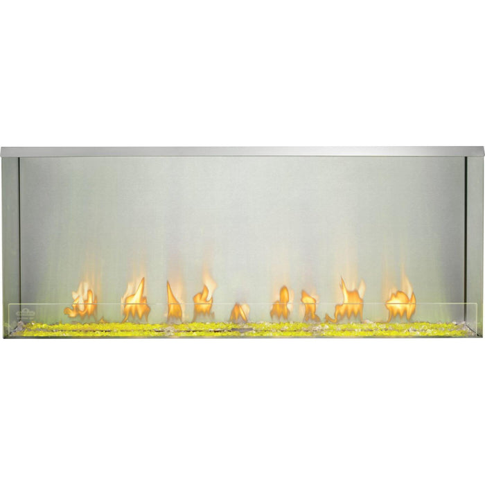 Napoleon Galaxy 50-Inch linear outdoor gas fireplace with stainless steel firebox, glass wind guard, and yellow illuminated glass ember bed
