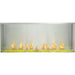 Napoleon Galaxy 50-Inch linear outdoor gas fireplace with stainless steel firebox, glass wind guard, and yellow illuminated glass ember bed