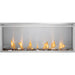 Napoleon Galaxy 50 outdoor gas fireplace with linear flames, glass wind guard, and decorative woodland media in a stainless steel firebox