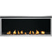 Napoleon Galaxy 50 linear outdoor gas fireplace with clear glass embers, glass wind guard, and black reflective interior panels